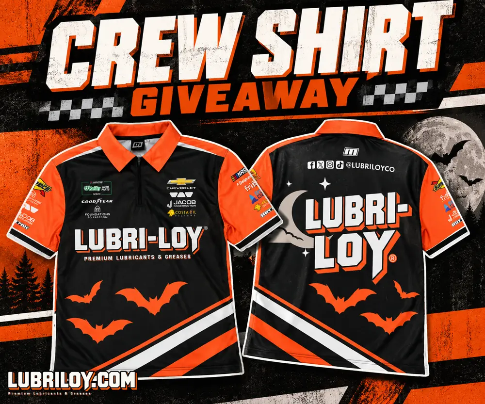 Halloween Edition Martinsville Crew Shirt, a black and orange Lubri-Loy crew shirt with bats