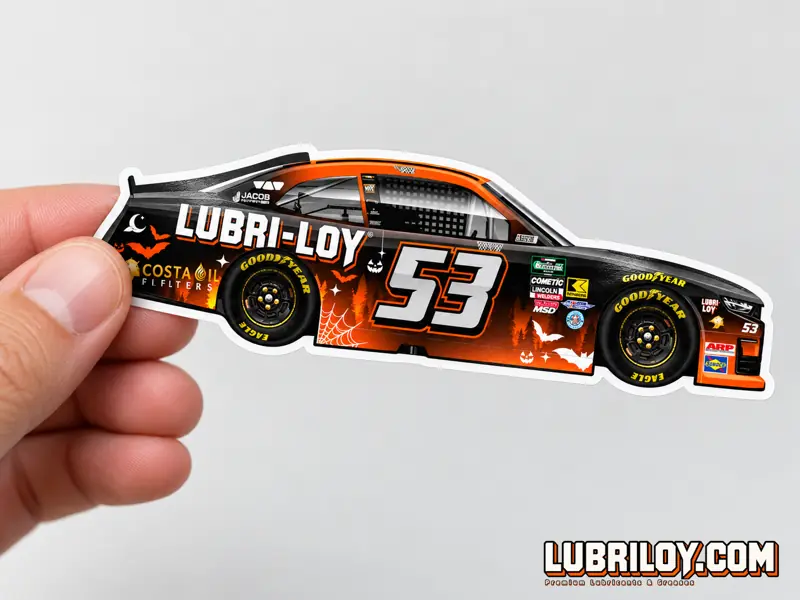 Die-cut sticker of the No. 53 Lubri-Loy car in black and orange Halloween livery with bats, jack-o-lanterns, Costa Oil Filters logo and Goodyear tires