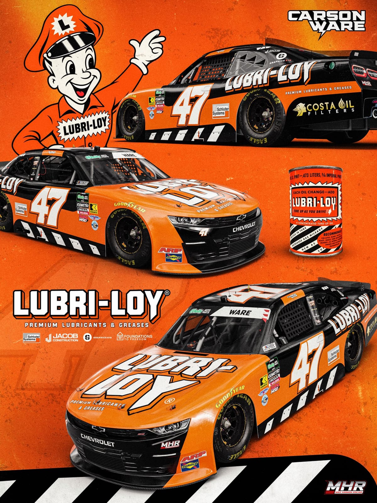 Orange and black No. 47 Lubri-Loy Chevrolet for Carson Ware, shown in a sponsorship graphic with Lubri-Loy Roy.