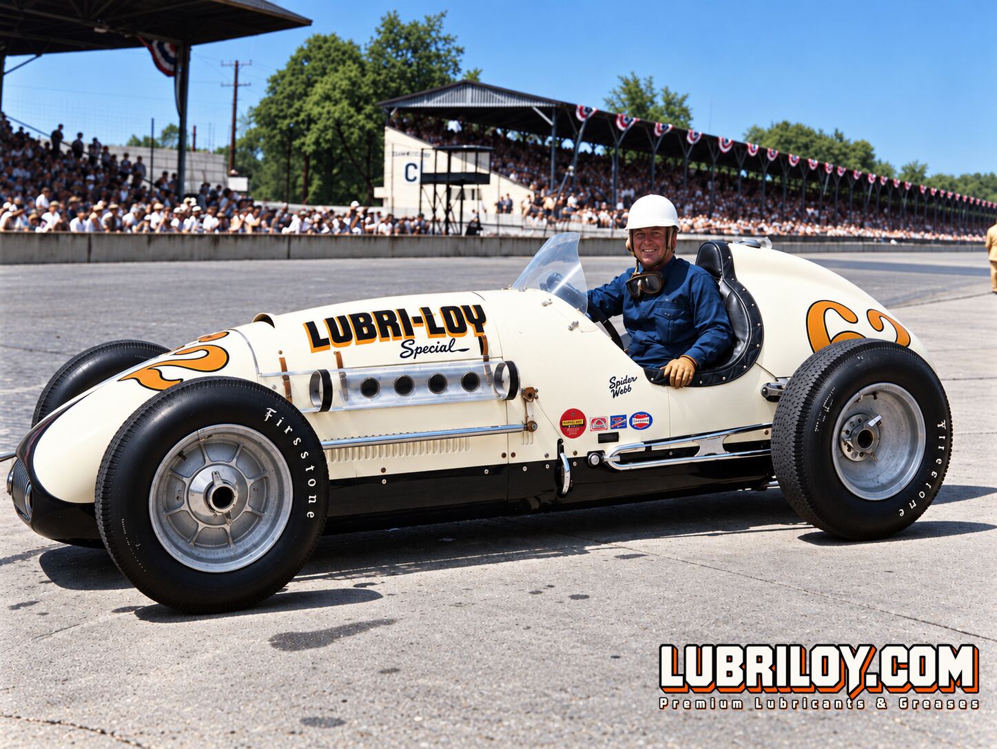 Colorized image of Spider Webb seated in the No. 62 Lubri-Loy Special beside the grandstands