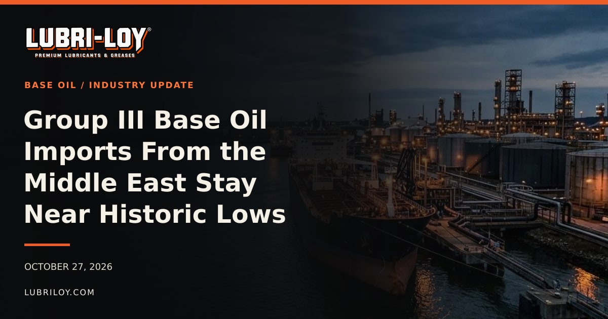 Lubri-Loy Group III base oil imports editorial illustration with an industrial tanker and refinery terminal